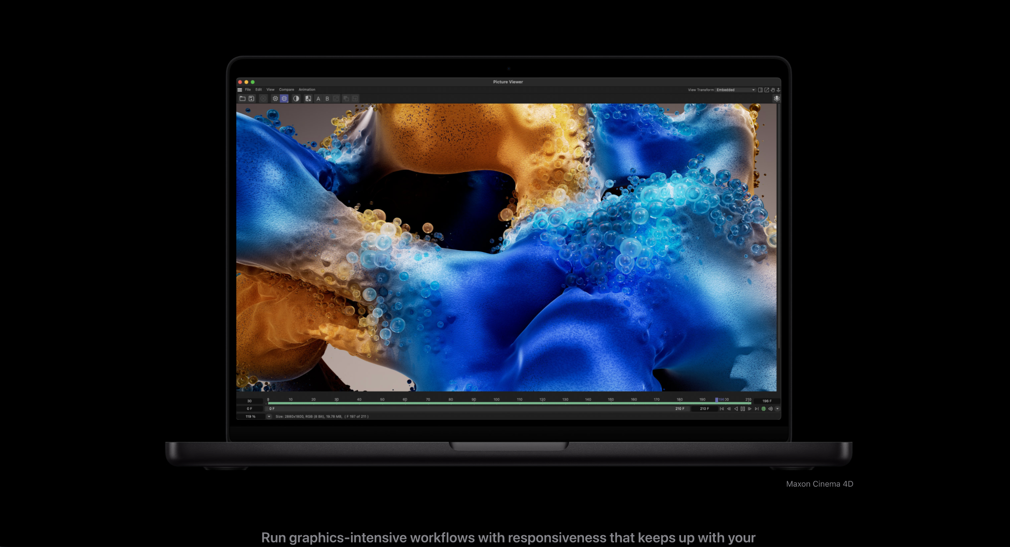 Laptop showcase visual with a cinematic graphics scene on screen